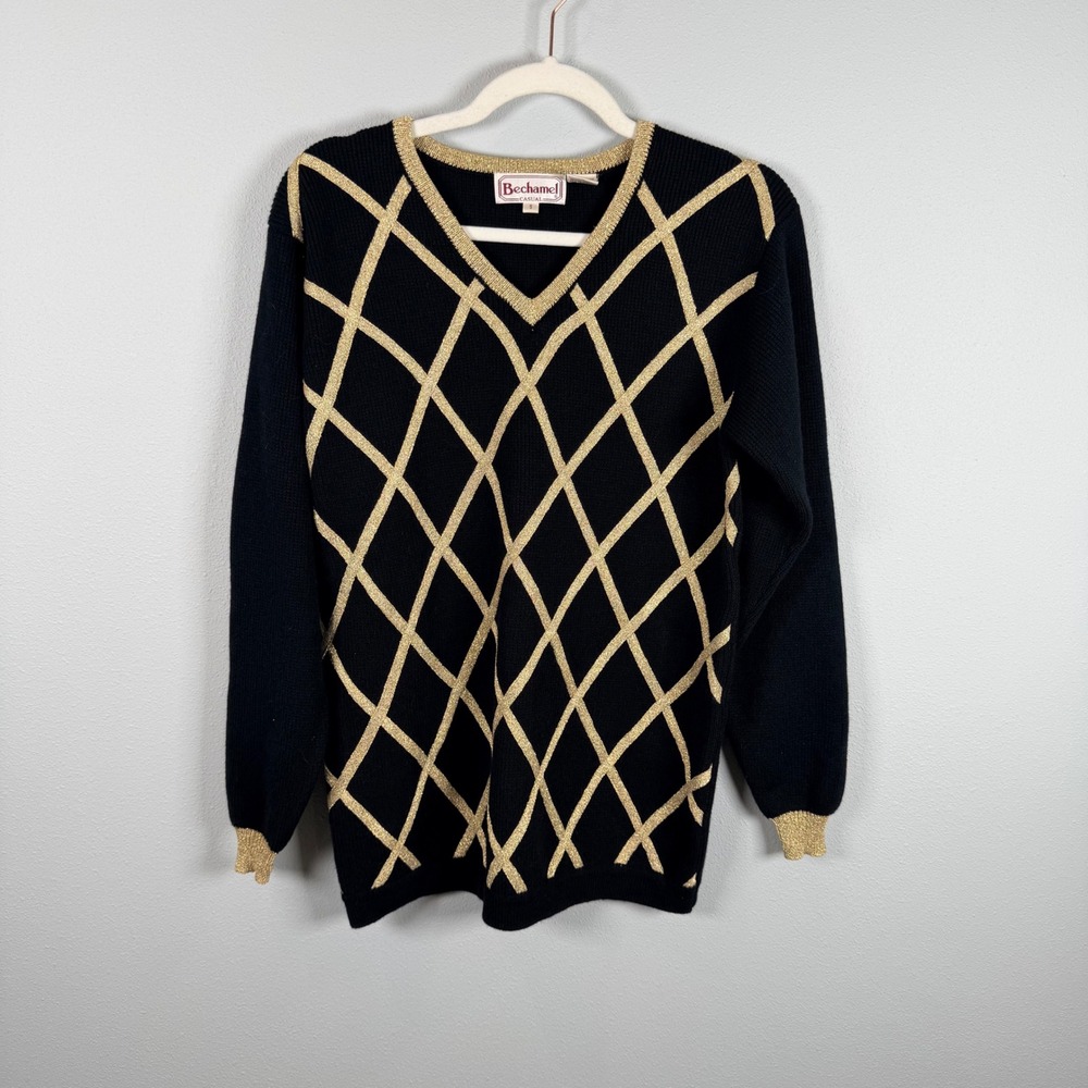 Bechamel Womens Small Black Gold Metallic Grid Lambswool Blend V-Neck Sweater